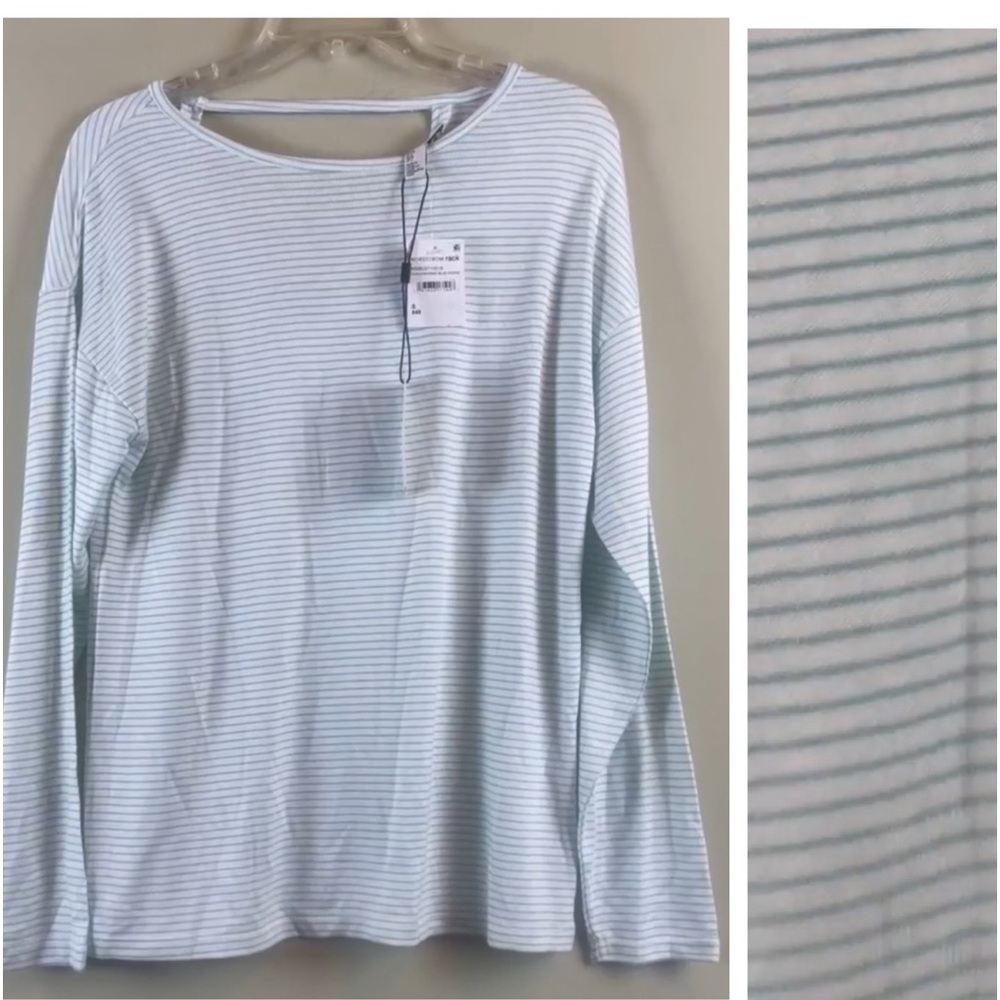 NWT H by Halston blue white Striped Crew Neck V-Back Long Sleeve Top Size Small